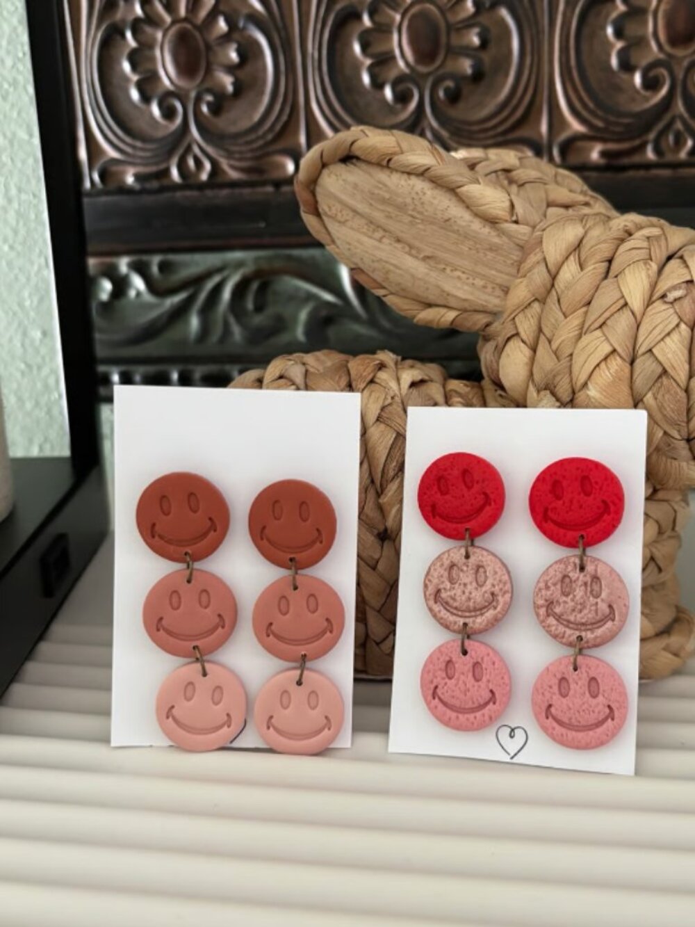 Set of 2 Polymer Clay Happy Face Dangle Earrings